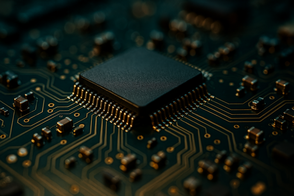 elektronische Bauteile kaufen – Mikrochip auf Leiterplatte